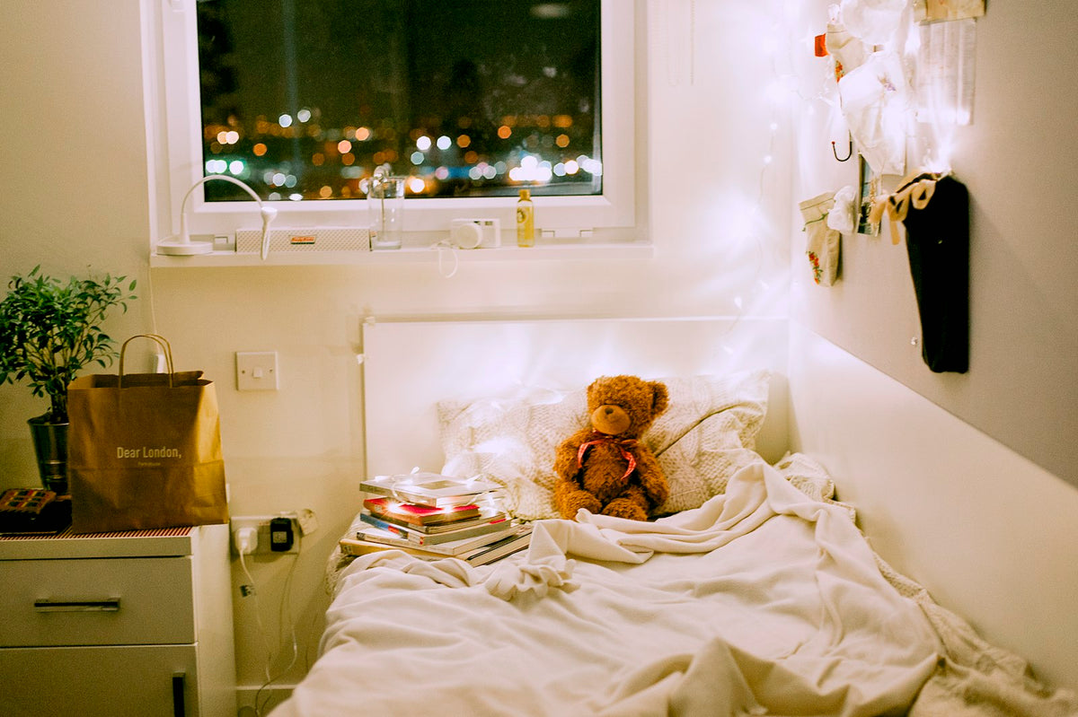 A cozy dorm room windowsill with a soft toy and warm evening light