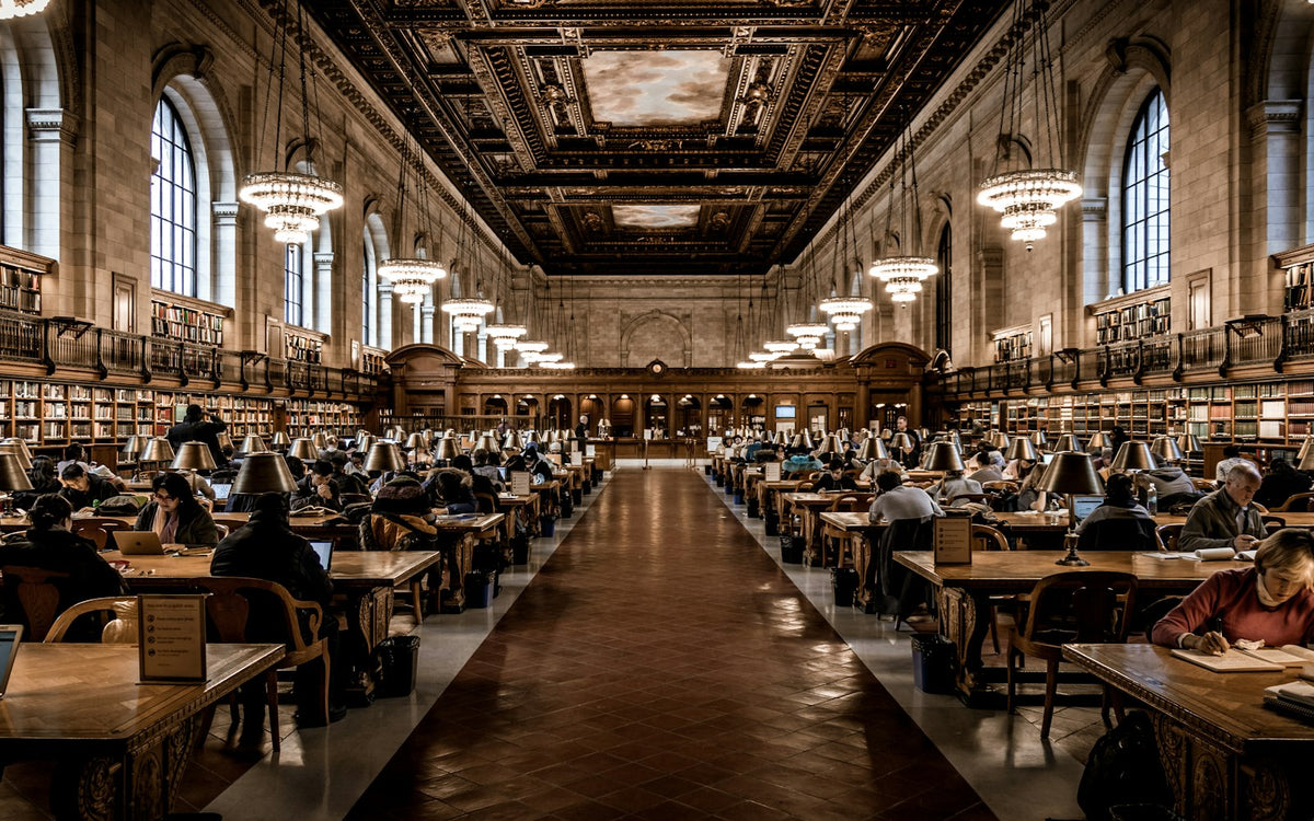 Warm wood-toned library interior with tall shelves